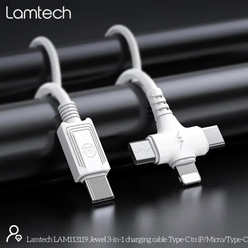 LAMTECH 3 IN 1 CHARGING TYPE-C CABLE TO TYPE-CLIGHTNINGMICRO USB 1M WHITE