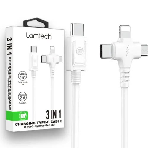 LAMTECH 3 IN 1 CHARGING TYPE-C CABLE TO TYPE-CLIGHTNINGMICRO USB 1M WHITE