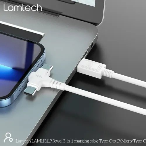 LAMTECH 3 IN 1 CHARGING TYPE-C CABLE TO TYPE-CLIGHTNINGMICRO USB 1M WHITE
