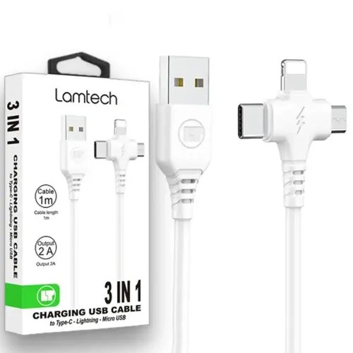 LAMTECH 3 IN 1 CHARGING USB CABLE TO TYPE-CLIGHTNINGMICRO USB 1M WHITE