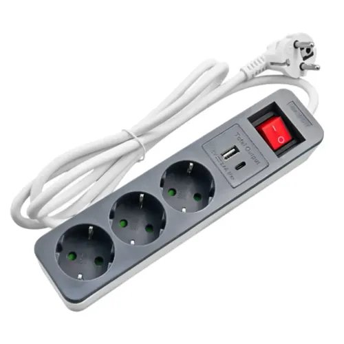 LAMTECH3WAYSURGEPROTECTORWITH1xTYPE-C1xUSB3xSCHUKOBLACKWHITE1.5M