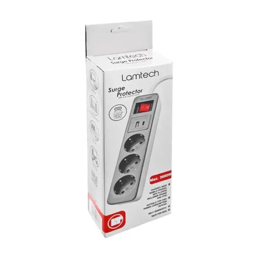 LAMTECH3WAYSURGEPROTECTORWITH1xTYPE-C1xUSB3xSCHUKOBLACKWHITE1.5M