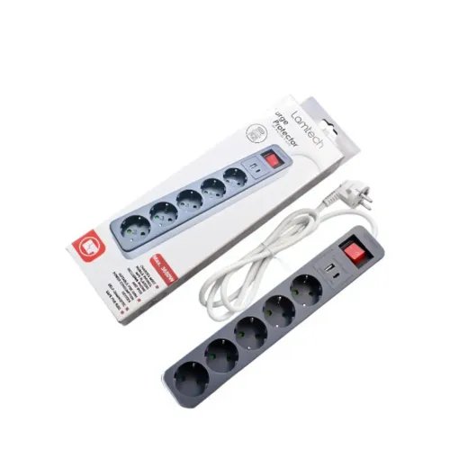 LAMTECH5WAYSURGEPROTECTORWITH1xTYPE-C1xUSB5xSCHUKOBLACKWHITE1.5M