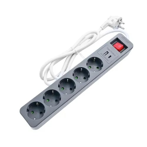 LAMTECH5WAYSURGEPROTECTORWITH1xTYPE-C1xUSB5xSCHUKOBLACKWHITE1.5M