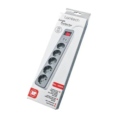 LAMTECH5WAYSURGEPROTECTORWITH1xTYPE-C1xUSB5xSCHUKOBLACKWHITE1.5M