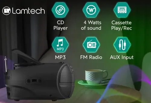 LAMTECH BLUETOOTH RADIOCDCASSETTE BOOMBOX BLACK