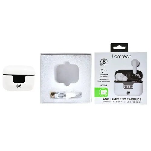 LAMTECH BT5.3 EARBUDS ANC 4MIC ENC WITH LED CHARGING CASE WHITE