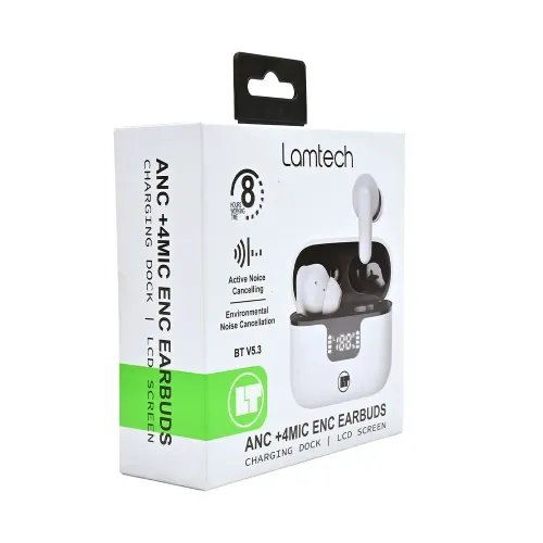 LAMTECH BT5.3 EARBUDS ANC 4MIC ENC WITH LED CHARGING CASE WHITE