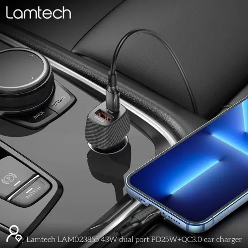LAMTECH DUAL PORT CAR FAST CHARGER TYPE-C PD 25W USB 18W BLACK