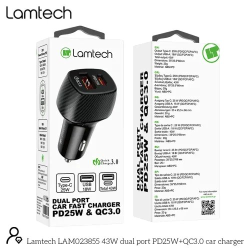LAMTECH DUAL PORT CAR FAST CHARGER TYPE-C PD 25W USB 18W BLACK