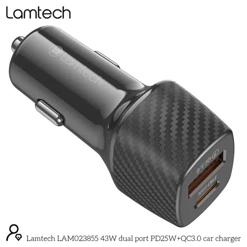 LAMTECH DUAL PORT CAR FAST CHARGER TYPE-C PD 25W USB 18W BLACK