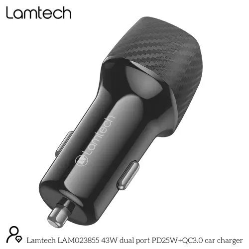 LAMTECH DUAL PORT CAR FAST CHARGER TYPE-C PD 25W USB 18W BLACK