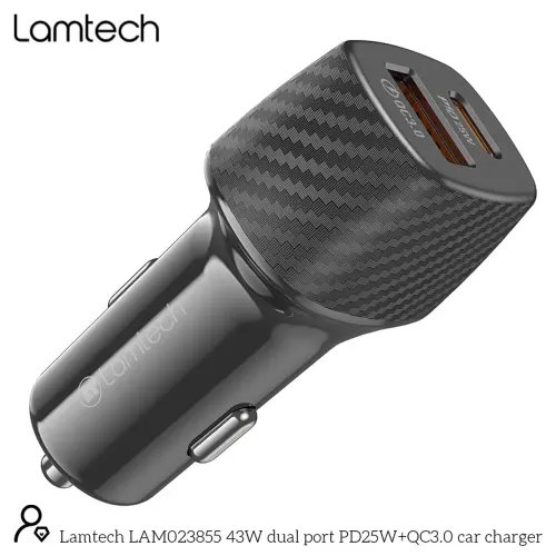 LAMTECH DUAL PORT CAR FAST CHARGER TYPE-C PD 25W USB 18W BLACK