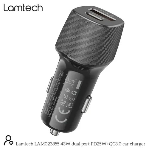 LAMTECH DUAL PORT CAR FAST CHARGER TYPE-C PD 25W USB 18W BLACK