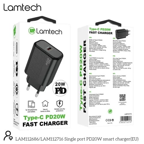 LAMTECH FAST CHARGER TYPE-C PD20W BLACK