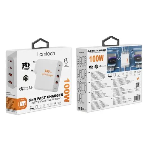 LAMTECH GaN FAST CHARGER 2xTYPE-C 2xQC3.0 OUTPUT 100W