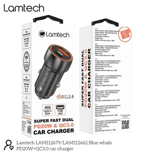 LAMTECH METAL CAR CHARGER QC3.0 PD20W METAL GRAY