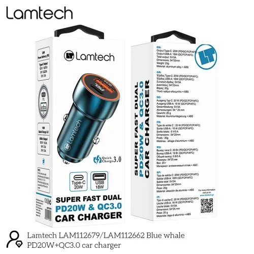 LAMTECH METAL CAR CHARGER QC3.0 PD20W SAPHIRE BLUE