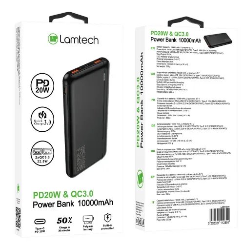 LAMTECH POWERBANK 10000MAH QC30PD20W BLACK
