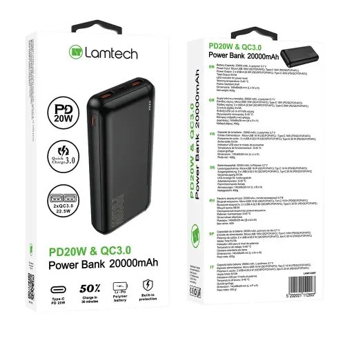LAMTECH POWERBANK 20000MAH QC30PD20W BLACK