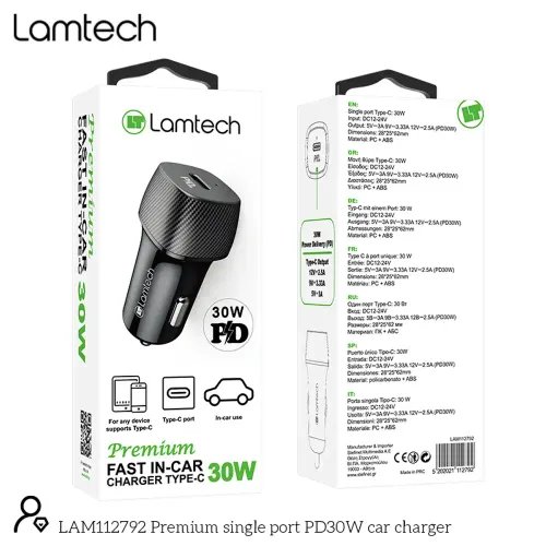 LAMTECH PREMIUM FAST IN-CAR CHARGER TYPE-C PD30W BLACK