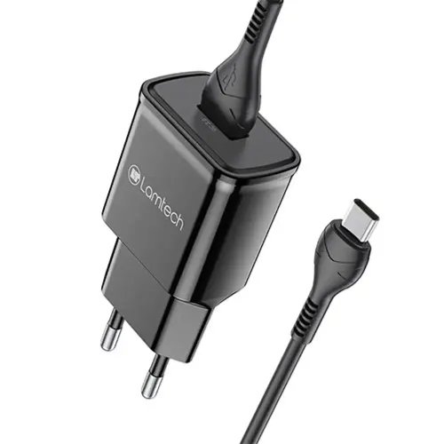 LAMTECH QUICK CHARGER USB3.0 18W WITH TYPE-C CABLE 1M BLACK