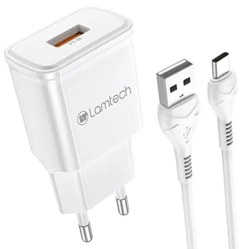 LAMTECH QUICK CHARGER USB3.0 18W WITH TYPE-C CABLE 1M WHITE