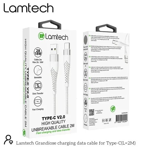 LAMTECH TYPE-C V20 HIGH QUALITY UNBREAKABLE CABLE SILVER 2M