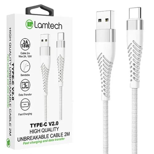 LAMTECH TYPE-C V20 HIGH QUALITY UNBREAKABLE CABLE SILVER 2M