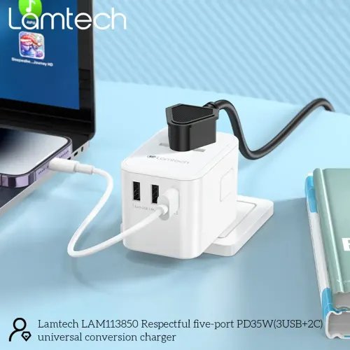 LAMTECH UNIVERSAL TRAVEL ADAPTER WITH 3xUSB 2xTYPE-C OUTPUTS 35W