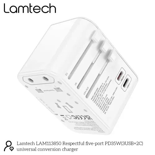 LAMTECH UNIVERSAL TRAVEL ADAPTER WITH 3xUSB 2xTYPE-C OUTPUTS 35W