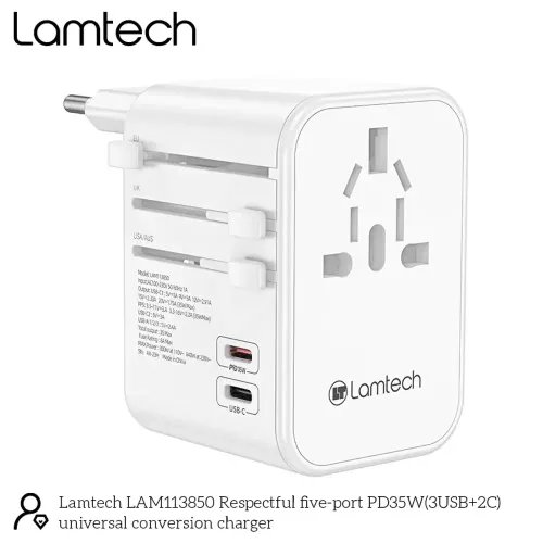 LAMTECH UNIVERSAL TRAVEL ADAPTER WITH 3xUSB 2xTYPE-C OUTPUTS 35W