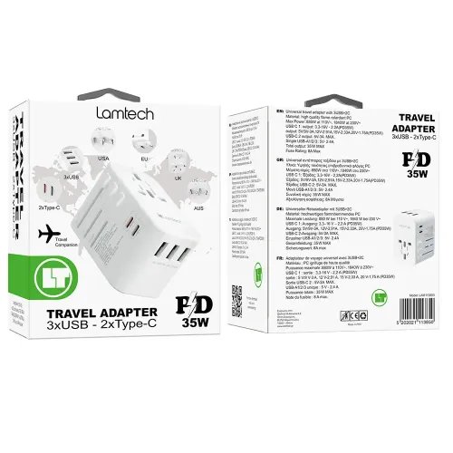 LAMTECH UNIVERSAL TRAVEL ADAPTER WITH 3xUSB 2xTYPE-C OUTPUTS 35W