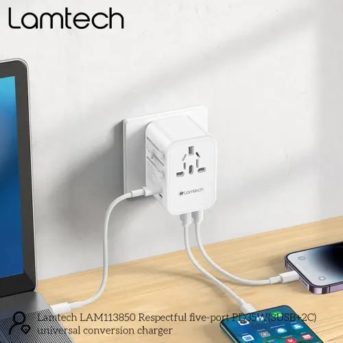 LAMTECH UNIVERSAL TRAVEL ADAPTER WITH 3xUSB 2xTYPE-C OUTPUTS 35W