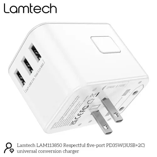 LAMTECH UNIVERSAL TRAVEL ADAPTER WITH 3xUSB 2xTYPE-C OUTPUTS 35W