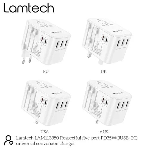 LAMTECH UNIVERSAL TRAVEL ADAPTER WITH 3xUSB 2xTYPE-C OUTPUTS 35W