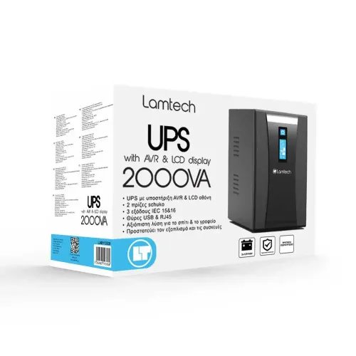 LAMTECH UPS WITH AVR AND LCD DISPLAY 2000VA 2x12V9AH 2xSCHUKO 3xIEC USB RJ45 PORT