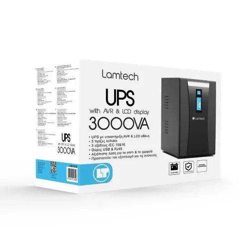 LAMTECH UPS WITH AVR AND LCD DISPLAY 3000VA 4x12V9AH 3xSCHUKO 3xIEC USB RJ45 PORT