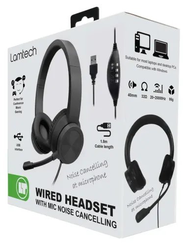 LAMTECH USB STEREO HEADPHONE WITH MIC NOISE CANCELLING BLACK