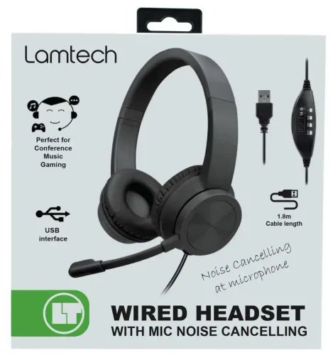 LAMTECH USB STEREO HEADPHONE WITH MIC NOISE CANCELLING BLACK