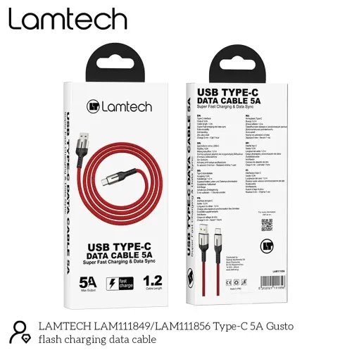 LAMTECH USB TYPE-C DATA CABLE 5A 12M RED