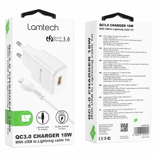LAMTECH WALL CHARGER QC3.0 18W WITH LIGHTNING CABLE 1M WHITE