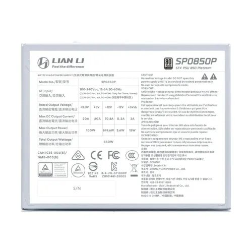 LIANLISP0850PWhite-850W80PlatinumPSU-10YearsWarranty-12V-2x6-JapaneseCapacitors