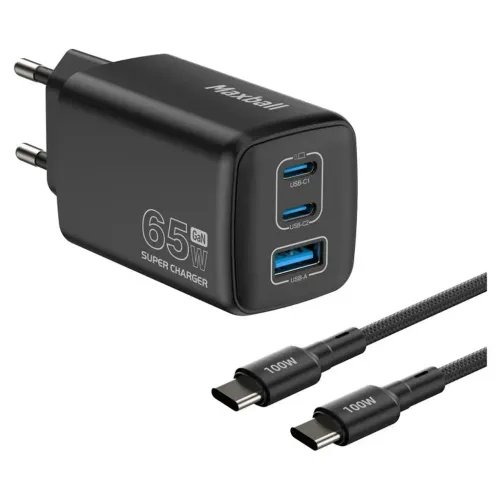 MAXBALLChargerT830GaNII3-Ports65WBlackwithcableType-CtoType-C100W1.5mLaptopTabletSmartphone