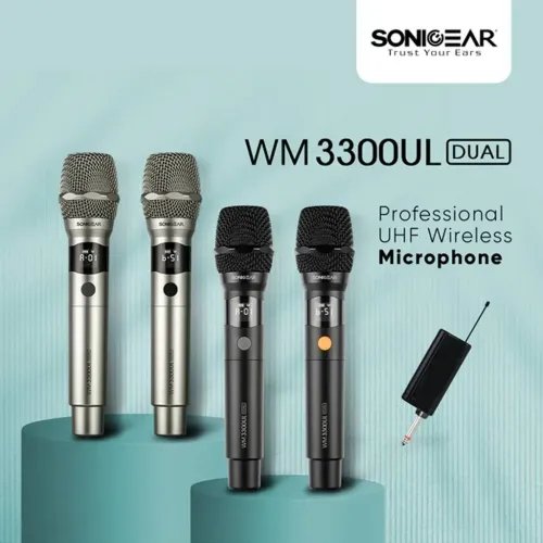 SONICGEARDUALPROFESSIONALUHFWIRELESSLEDMICROPHONEWM3300ULPLATINUM