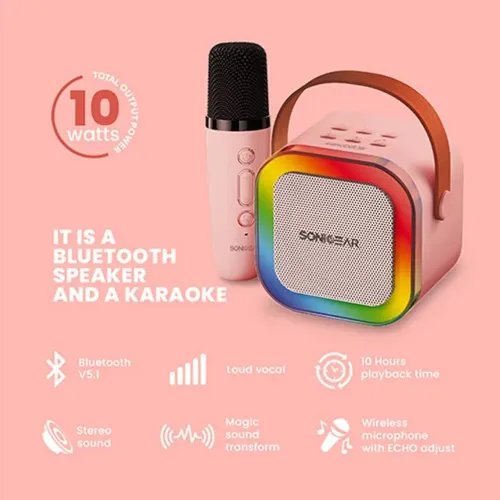 SONICGEARIOXK200BLUETOOTH5.1HOMEKARAOKEPORTABLESPEAKERWITHWIRELESSMICPINK