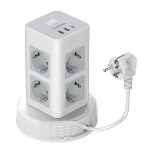 TESSAN11IN1TOWERSURGEPROTECTOR8xSCHUKO2xUSB1xTYPE-C2MRETRACTABLECABLE