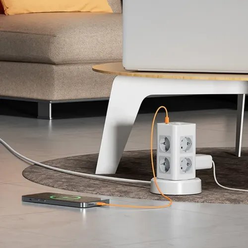 TESSAN11IN1TOWERSURGEPROTECTOR8xSCHUKO2xUSB1xTYPE-C2MRETRACTABLECABLE