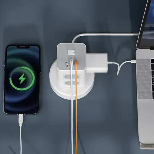 TESSAN11IN1TOWERSURGEPROTECTOR8xSCHUKO2xUSB1xTYPE-C2MRETRACTABLECABLE