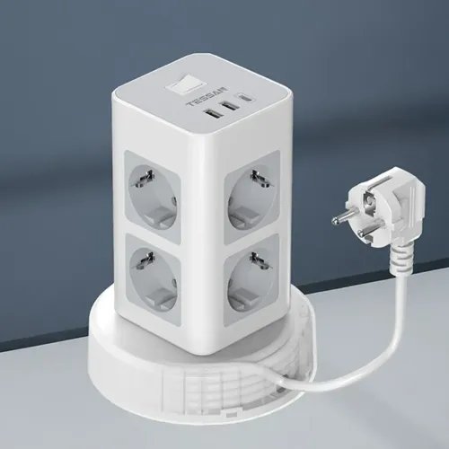 TESSAN11IN1TOWERSURGEPROTECTOR8xSCHUKO2xUSB1xTYPE-C2MRETRACTABLECABLE